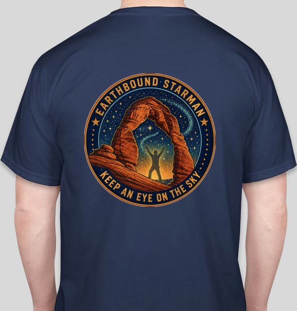 Back of the Official 2027 EBSM T-Shirt in Midnight, with the Earthbound Starman emblem